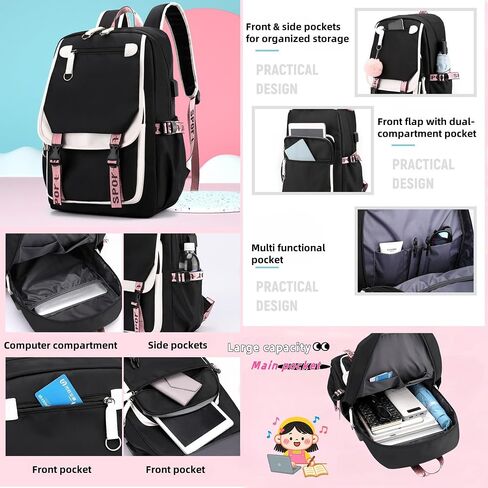 School Backpack for Girls Color-block School Bag with Lunch Box Pencil Case Set 3PCS Girls Backpack for School Kids Bookbag in Kuwait