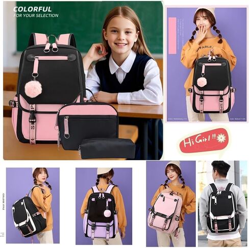 School Backpack for Girls Color-block School Bag with Lunch Box Pencil Case Set 3PCS Girls Backpack for School Kids Bookbag in Kuwait