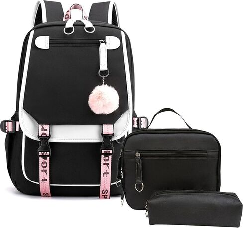 School Backpack for Girls Color-block School Bag with Lunch Box Pencil Case Set 3PCS Girls Backpack for School Kids Bookbag in Kuwait