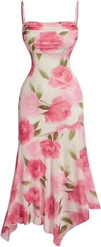 GORGLITTER Women's Floral Ruched Bodycon Cami Dress Mesh Sleeveless Ruffle Asymmetrical Hem Midi Dresses in Saudi Arabia
