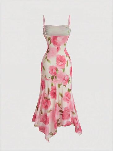 GORGLITTER Women's Floral Ruched Bodycon Cami Dress Mesh Sleeveless Ruffle Asymmetrical Hem Midi Dresses in Saudi Arabia