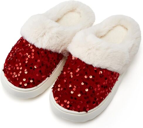 Sequins Slippers for Women Fuzzy Slipper Closed Toe Warm Shoes Faux Fur Comfy Winter House Shoes Indoor Outdoor in Kuwait
