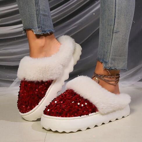 Sequins Slippers for Women Fuzzy Slipper Closed Toe Warm Shoes Faux Fur Comfy Winter House Shoes Indoor Outdoor in Kuwait