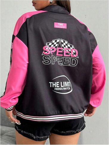 SweatyRocks Women's Plus Size Motorcycle Racing Jackets Button Down Varsity Jacket Coat Streetwear in Saudi Arabia