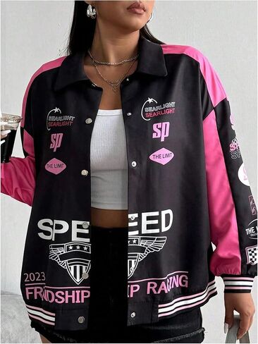 SweatyRocks Women's Plus Size Motorcycle Racing Jackets Button Down Varsity Jacket Coat Streetwear in Saudi Arabia