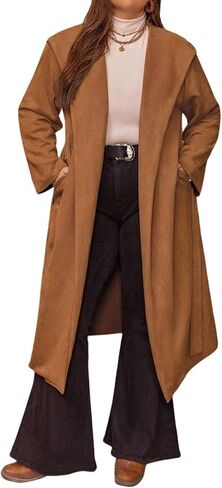 utcoco Women's Plus Size Hooded Trench Coat Faux Suede Long Wrap Coat Elegant Belted Fall Winter Outwear in Saudi Arabia
