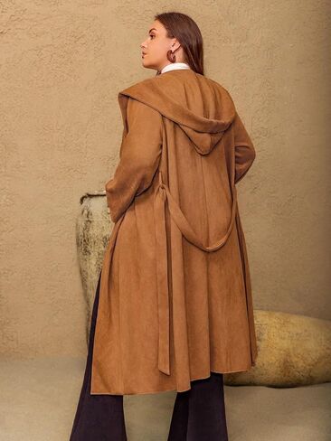 utcoco Women's Plus Size Hooded Trench Coat Faux Suede Long Wrap Coat Elegant Belted Fall Winter Outwear in Saudi Arabia