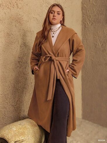 utcoco Women's Plus Size Hooded Trench Coat Faux Suede Long Wrap Coat Elegant Belted Fall Winter Outwear in Saudi Arabia