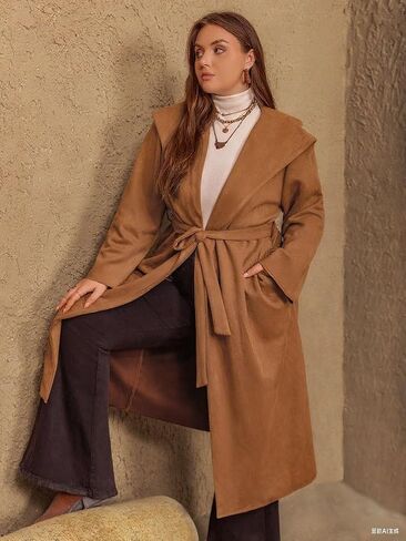 utcoco Women's Plus Size Hooded Trench Coat Faux Suede Long Wrap Coat Elegant Belted Fall Winter Outwear in Saudi Arabia