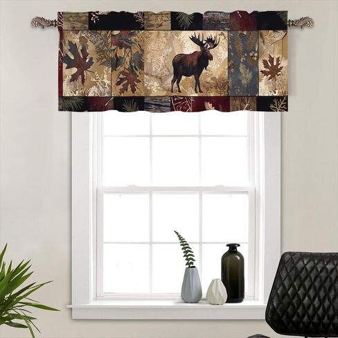 1 Panel Retro Rustic Woodland Curtain Valance for Windows, Moose Animal Maple Leaf Rod Pocket Short Window Treatment Decor Drapes for Kitchen, Bathroom, 54" X 18" in Kuwait