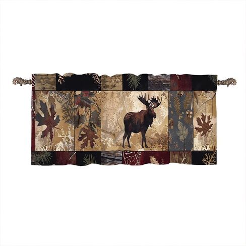 1 Panel Retro Rustic Woodland Curtain Valance for Windows, Moose Animal Maple Leaf Rod Pocket Short Window Treatment Decor Drapes for Kitchen, Bathroom, 54" X 18" in Kuwait