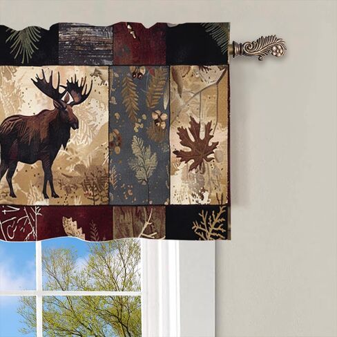1 Panel Retro Rustic Woodland Curtain Valance for Windows, Moose Animal Maple Leaf Rod Pocket Short Window Treatment Decor Drapes for Kitchen, Bathroom, 54" X 18" in Kuwait