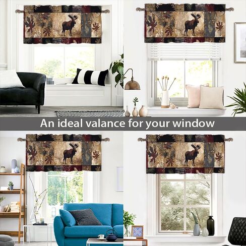 1 Panel Retro Rustic Woodland Curtain Valance for Windows, Moose Animal Maple Leaf Rod Pocket Short Window Treatment Decor Drapes for Kitchen, Bathroom, 54" X 18" in Kuwait