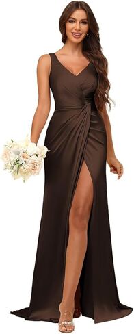 فساتين Rjer النسائية لوصيفات العروس من الساتان برقبة على شكل حرف V مع فتحة فستان حورية البحر Bodycon للحفلات الراقصة in Kuwait