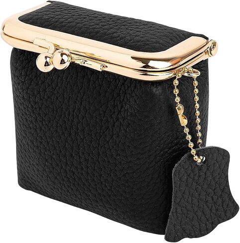 Framendino, Small Leather Clutch Coin Purse With Kiss Lock Black Vintage PU Wallet Portable Mini Jewelry Case for Travel in Saudi Arabia