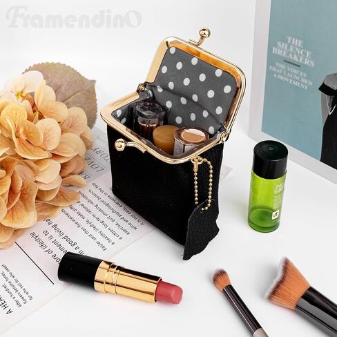 Framendino, Small Leather Clutch Coin Purse With Kiss Lock Black Vintage PU Wallet Portable Mini Jewelry Case for Travel in Saudi Arabia
