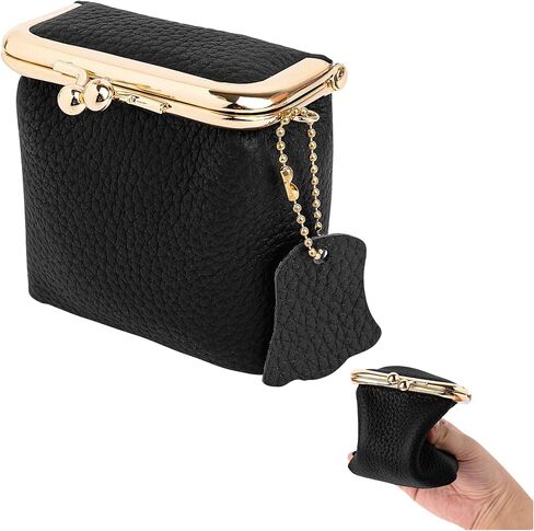 Framendino, Small Leather Clutch Coin Purse With Kiss Lock Black Vintage PU Wallet Portable Mini Jewelry Case for Travel in Saudi Arabia