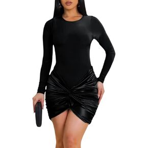Ekaliy Women's Sexy Long Sleeve Mini Dress Elegant Crew Neck Twist Waist Ruched Bodycon Cocktail Party Short Dresses in Kuwait