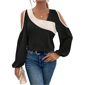 SOLY HUX Women's Cold Shoulder Color Block Tops Elegant Long Sleeve Asymmetrical Going Out Blouse in Kuwait