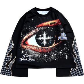 Men's Graphic Tees Eye Rhinestone Print T Shirt Y2k Long Sleeve Oversized Fall Tee Tops Streetwear Halloween Outfits in Saudi Arabia