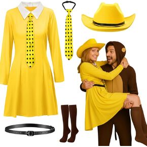 5 Pcs Adults Women Yellow Hat Costume Big Yellow Dress with Pointy Hat Polka Dot Tie for Halloween Cosplay in Kuwait