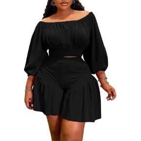 Women's Plus Size 2 Piece Outfits Off Shoulder Long Lantern Sleeve Crop Top and Ruffle Shorts Set in Saudi Arabia