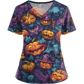 Halloween Tops for Women Plus Size V Neck Short Sleeve Nurse Scrubs Pumpkin Bat Print Medical Uniform with Pockets in Saudi Arabia