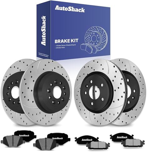 AutoShack Front & Rear Drilled & Slotted Brake Rotors Ceramic Brake Pads | Replacement for Lincoln MKS MKT Ford Taurus Flex 2011-2019 Explorer AWD FWD | E-Coated | 12-PC Brake Kit | ShadowGuard in Saudi Arabia