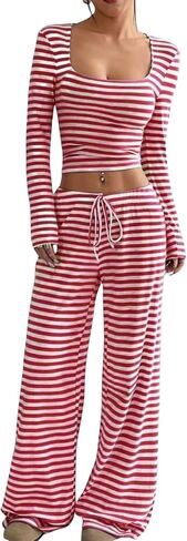 Womens Striped 2 Piece Outfits Casual Square Neck Cropped Top Drawstring Wide Leg Pants Matching Pajamas Set in Saudi Arabia