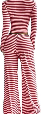 Womens Striped 2 Piece Outfits Casual Square Neck Cropped Top Drawstring Wide Leg Pants Matching Pajamas Set in Saudi Arabia