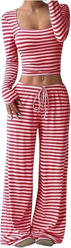 Womens Striped 2 Piece Outfits Casual Square Neck Cropped Top Drawstring Wide Leg Pants Matching Pajamas Set in Saudi Arabia