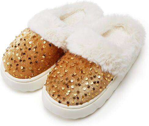 Sequins Slippers for Women Fuzzy Slipper Closed Toe Warm Shoes Faux Fur Comfy Winter House Shoes Indoor Outdoor in Kuwait
