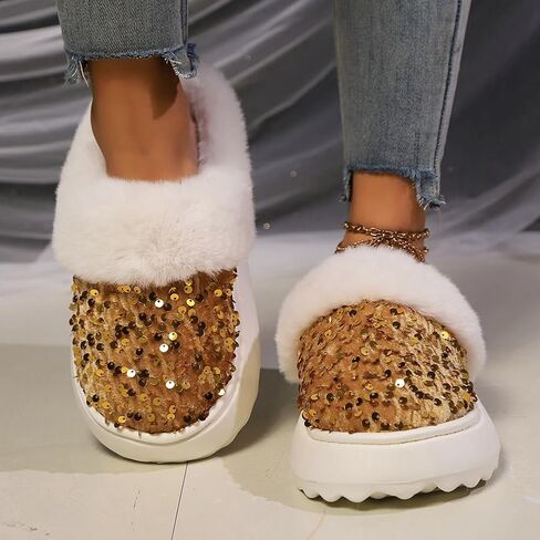 Sequins Slippers for Women Fuzzy Slipper Closed Toe Warm Shoes Faux Fur Comfy Winter House Shoes Indoor Outdoor in Kuwait