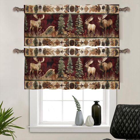 1 Panel Retro Rustic Woodland Curtain Valance for Windows, Moose Animal Maple Leaf Rod Pocket Short Window Treatment Decor Drapes for Kitchen, Bathroom, 54" X 18" in Kuwait
