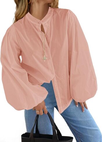 Tankaneo Womens Lantern Sleeve Button Down Shirts Oversized Mock Neck Blouse Trendy Casual Loose Fit Cotton Tops in Saudi Arabia