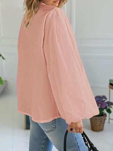 Tankaneo Womens Lantern Sleeve Button Down Shirts Oversized Mock Neck Blouse Trendy Casual Loose Fit Cotton Tops in Saudi Arabia
