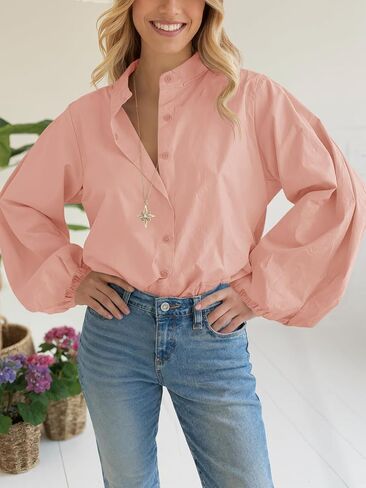 Tankaneo Womens Lantern Sleeve Button Down Shirts Oversized Mock Neck Blouse Trendy Casual Loose Fit Cotton Tops in Saudi Arabia