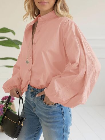 Tankaneo Womens Lantern Sleeve Button Down Shirts Oversized Mock Neck Blouse Trendy Casual Loose Fit Cotton Tops in Saudi Arabia