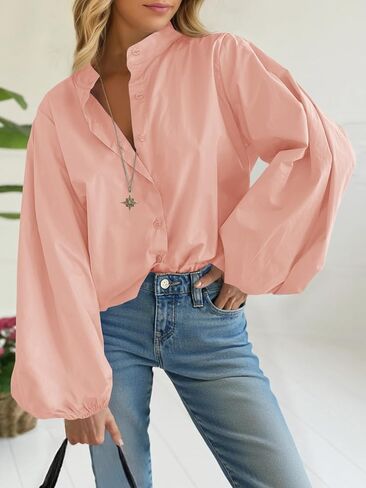 Tankaneo Womens Lantern Sleeve Button Down Shirts Oversized Mock Neck Blouse Trendy Casual Loose Fit Cotton Tops in Saudi Arabia
