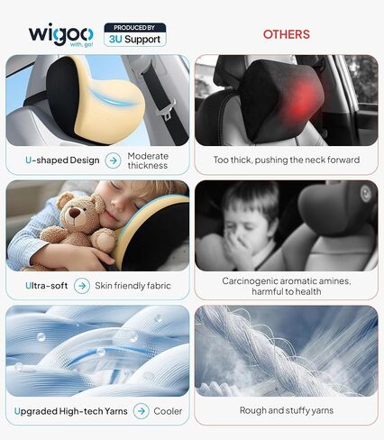 Wigoo 2025 Upgrade Car Neck Pillow [No More Pressure, Odorless] Soft Car Headrest Pillow with Adjustable Strap Removable Cover 100% Memory Foam, Fits All Vehicles (Black 2-Pack) in Saudi Arabia
