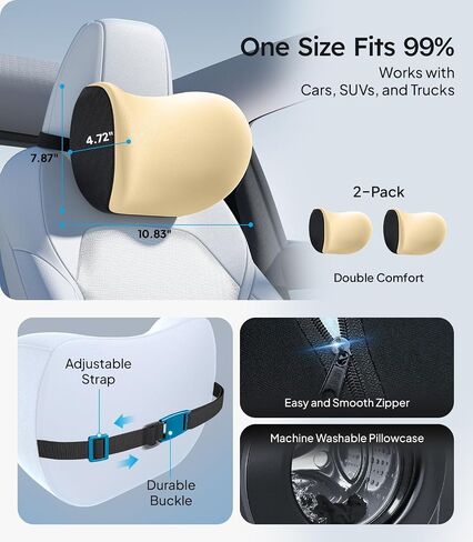 Wigoo 2025 Upgrade Car Neck Pillow [No More Pressure, Odorless] Soft Car Headrest Pillow with Adjustable Strap Removable Cover 100% Memory Foam, Fits All Vehicles (Black 2-Pack) in Saudi Arabia