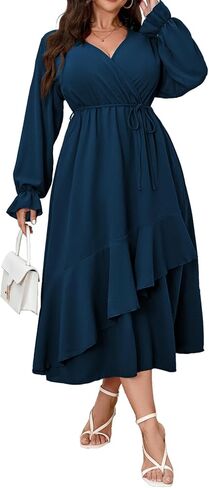 Womens Plus Size Wedding Guest Cocktail Maxi Dress Faux Wrap V Neck Long Sleeve Ruffle Hem Split Long Dress in Kuwait