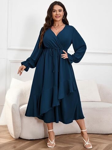 Womens Plus Size Wedding Guest Cocktail Maxi Dress Faux Wrap V Neck Long Sleeve Ruffle Hem Split Long Dress in Kuwait