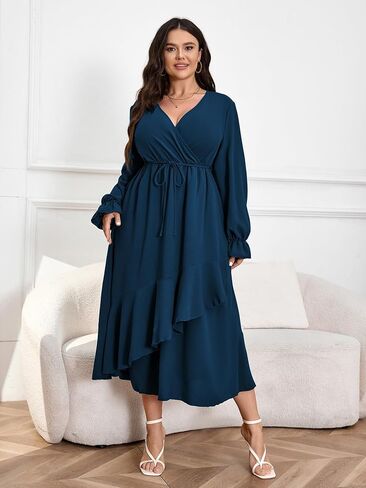 Womens Plus Size Wedding Guest Cocktail Maxi Dress Faux Wrap V Neck Long Sleeve Ruffle Hem Split Long Dress in Kuwait