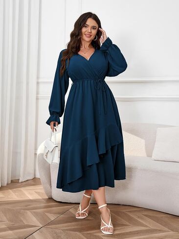 Womens Plus Size Wedding Guest Cocktail Maxi Dress Faux Wrap V Neck Long Sleeve Ruffle Hem Split Long Dress in Kuwait