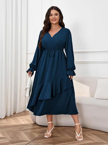 Womens Plus Size Wedding Guest Cocktail Maxi Dress Faux Wrap V Neck Long Sleeve Ruffle Hem Split Long Dress in Kuwait
