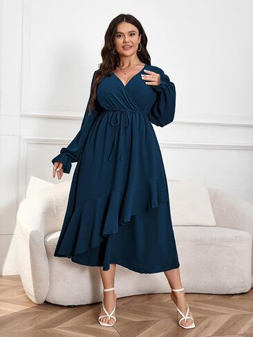 Womens Plus Size Wedding Guest Cocktail Maxi Dress Faux Wrap V Neck Long Sleeve Ruffle Hem Split Long Dress in Kuwait