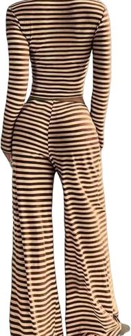 Womens Striped 2 Piece Outfits Casual Square Neck Cropped Top Drawstring Wide Leg Pants Matching Pajamas Set in Saudi Arabia