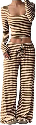 Womens Striped 2 Piece Outfits Casual Square Neck Cropped Top Drawstring Wide Leg Pants Matching Pajamas Set in Saudi Arabia