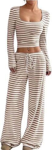 Womens Striped 2 Piece Outfits Casual Square Neck Cropped Top Drawstring Wide Leg Pants Matching Pajamas Set in Saudi Arabia